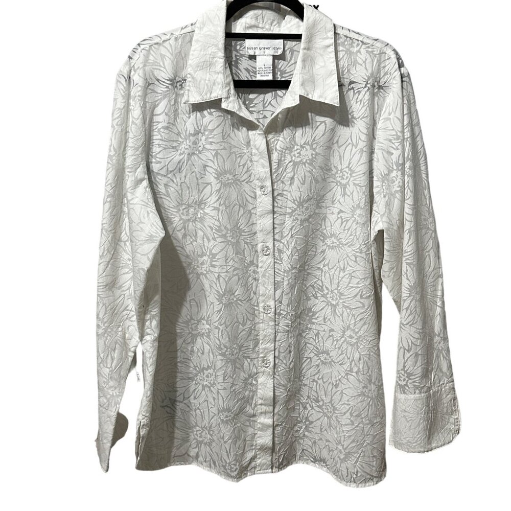 Susan Graver Style sz L textured white floral long sleeve button front shirt